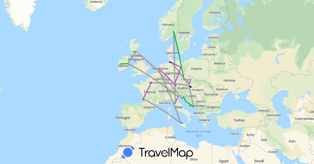 TravelMap itinerary: driving, bus, plane, train, boat in Austria, Switzerland, Czech Republic, Germany, Denmark, France, United Kingdom, Croatia, Hungary, Ireland, Italy, Netherlands, Norway (Europe)
